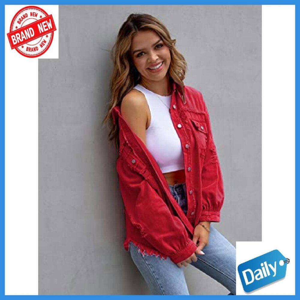 Oversized Ripped Denim Jacket Frayed Hem Button Front Boyfriend Shacket - Picture 4 of 5